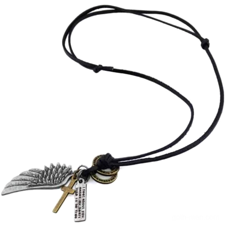 Complete gothic angel wing leather necklace with full set of adjustable metal charm pendants on black leather cord, overhead composition view