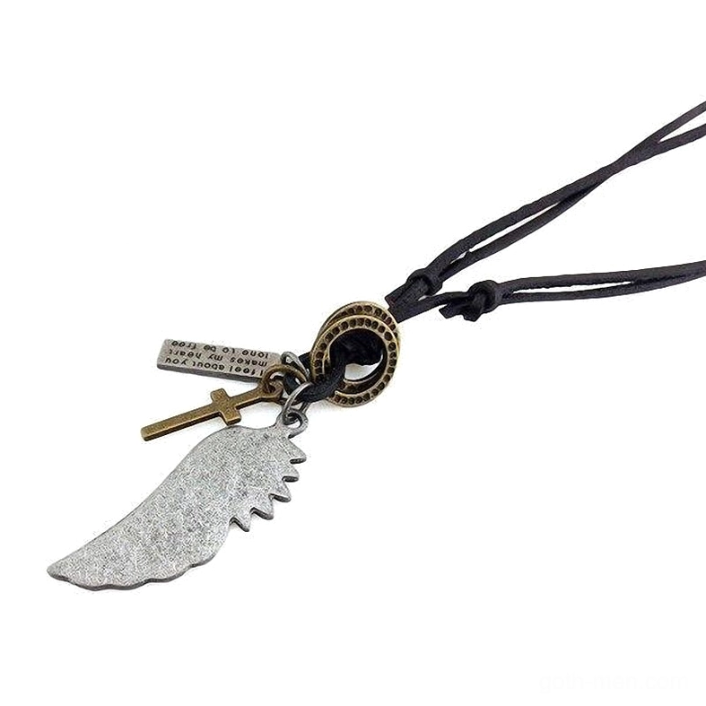 Double-strand black leather gothic choker with single silver angel wing pendant charm, alternative style necklace side angle