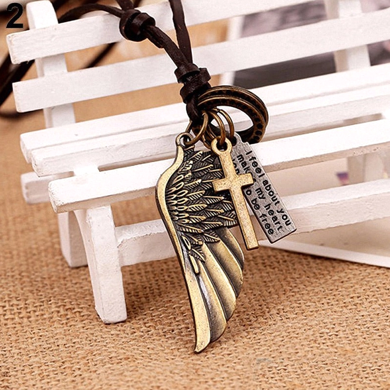 Goth fashion angel wing choker necklace multi-angle composition displaying various metal charm configurations and leather construction