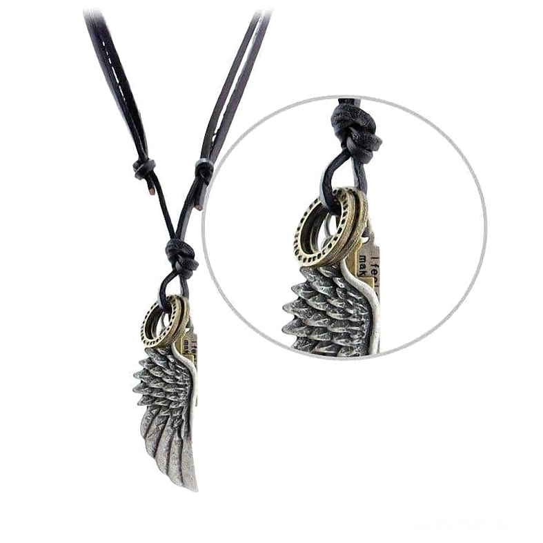 Gothic angel wing leather choker necklace close-up showing engraved text symbols and zinc alloy metal charm details