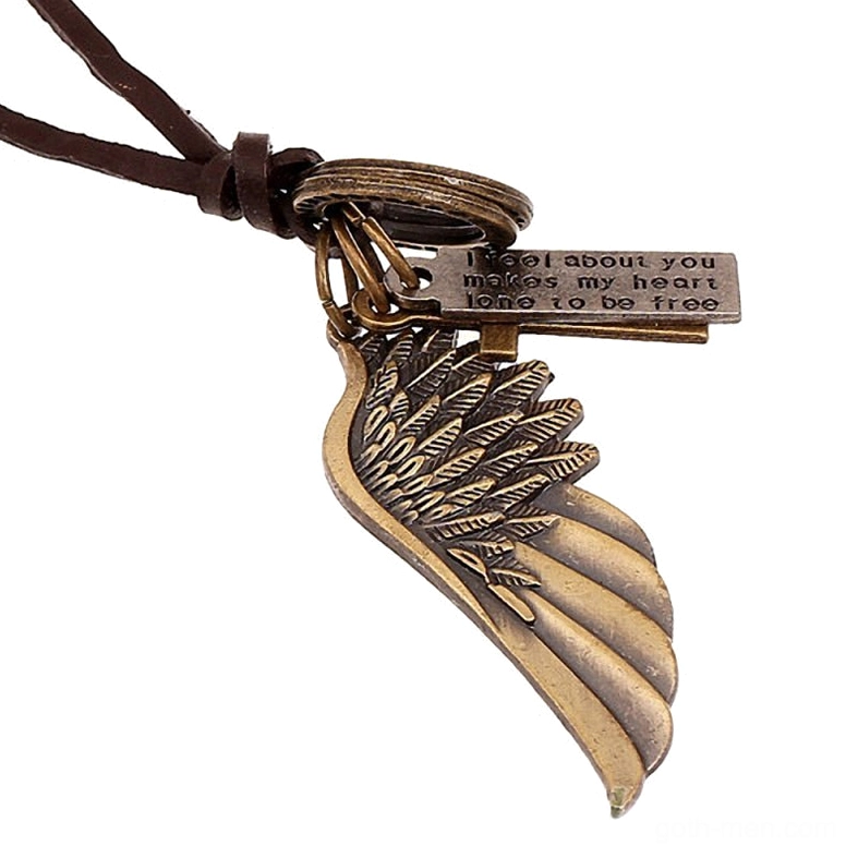 Bronze-toned angel wing gothic choker necklace with engraved tag charm on brown leather cord, angled top view detail shot