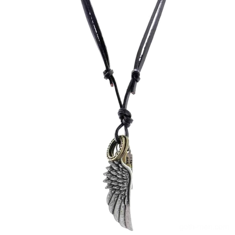 Gothic angel wing charm necklace vertical front view showing black leather cord with side-displayed silver wing pendant detail