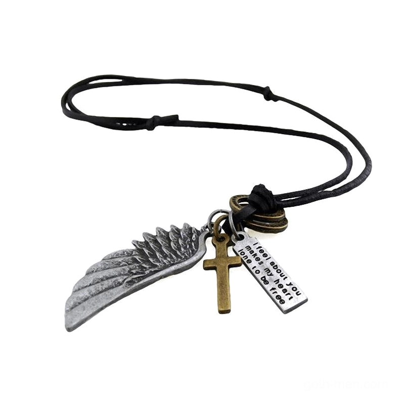 Mixed metal tone gothic angel wing necklace with silver wing and bronze cross charms on black leather, side angle detail shot