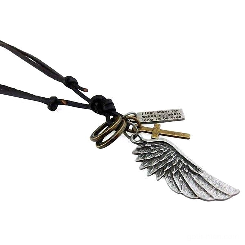 Silver gothic angel wing and cross necklace on black leather choker cord, side perspective showing pendant detail and craftsmanship