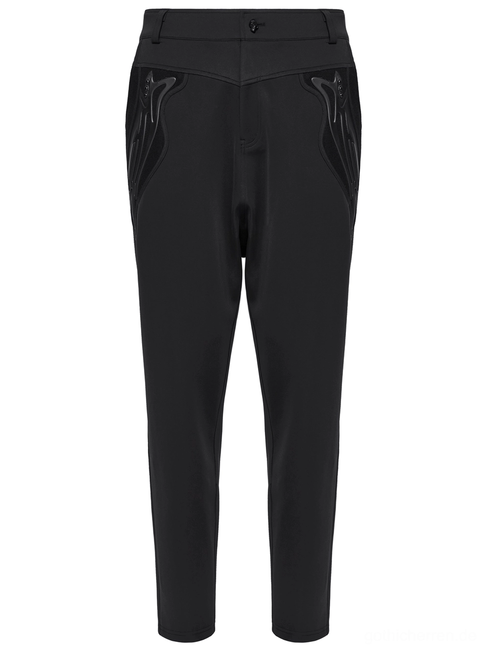 3D Flammen-Applikation auf schwarzer Gothic Knit-Hose – Detail Nahaufnahme Vorderseite mit Netzunterlage und Rivet-Elementen