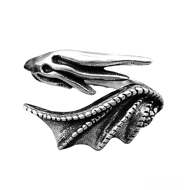 925er Sterlingsilber Drachenflügel Gothic Ring mit gravierten Schuppen und antiker Silberfinish - Linke Schrägansicht