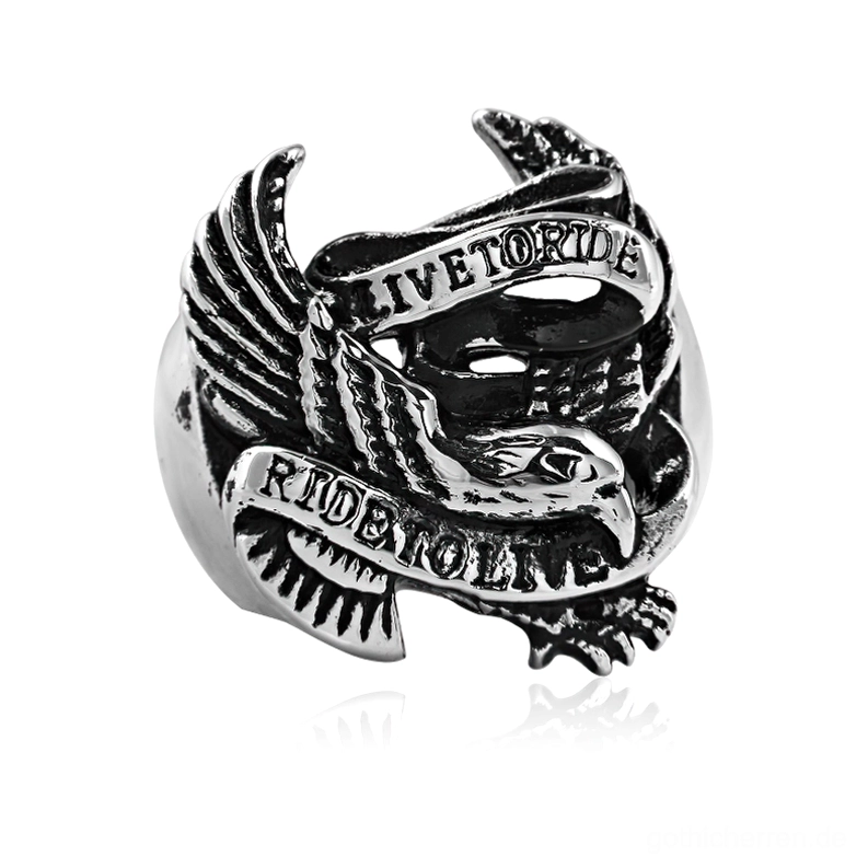 Adler Gothic Bikerring aus Edelstahl mit spruchbändern live to ride ride to live vorderansicht detaillierte adlerschnitzerei