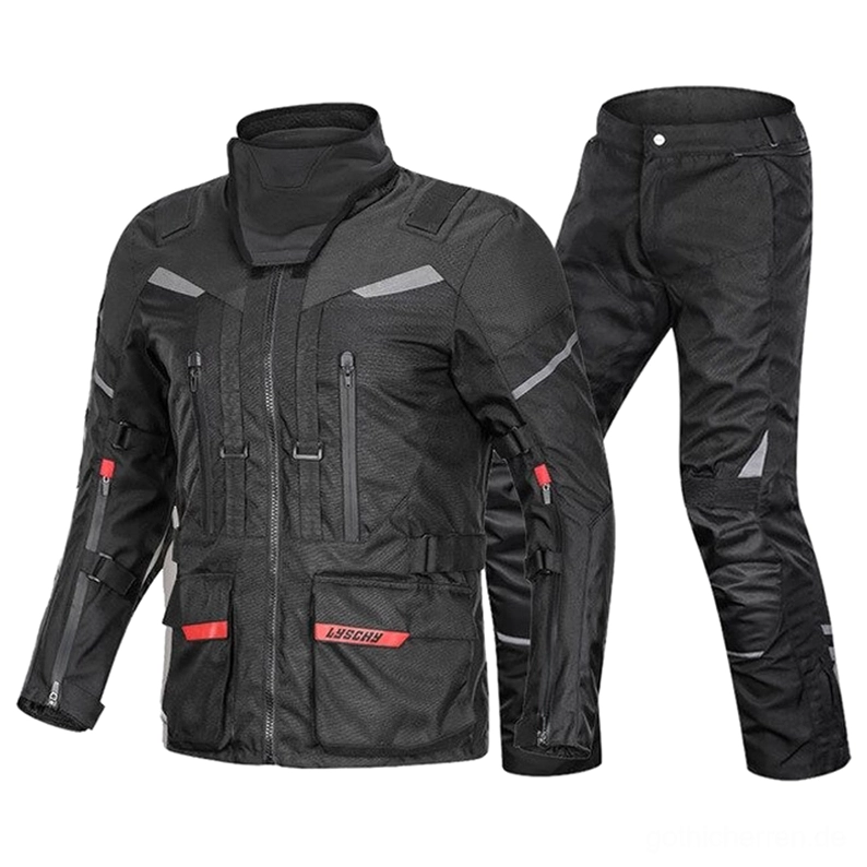 All-Black taktischer Moto Riding Suit Utility Pockets Industrial Gothic Design Flatlay Ansicht