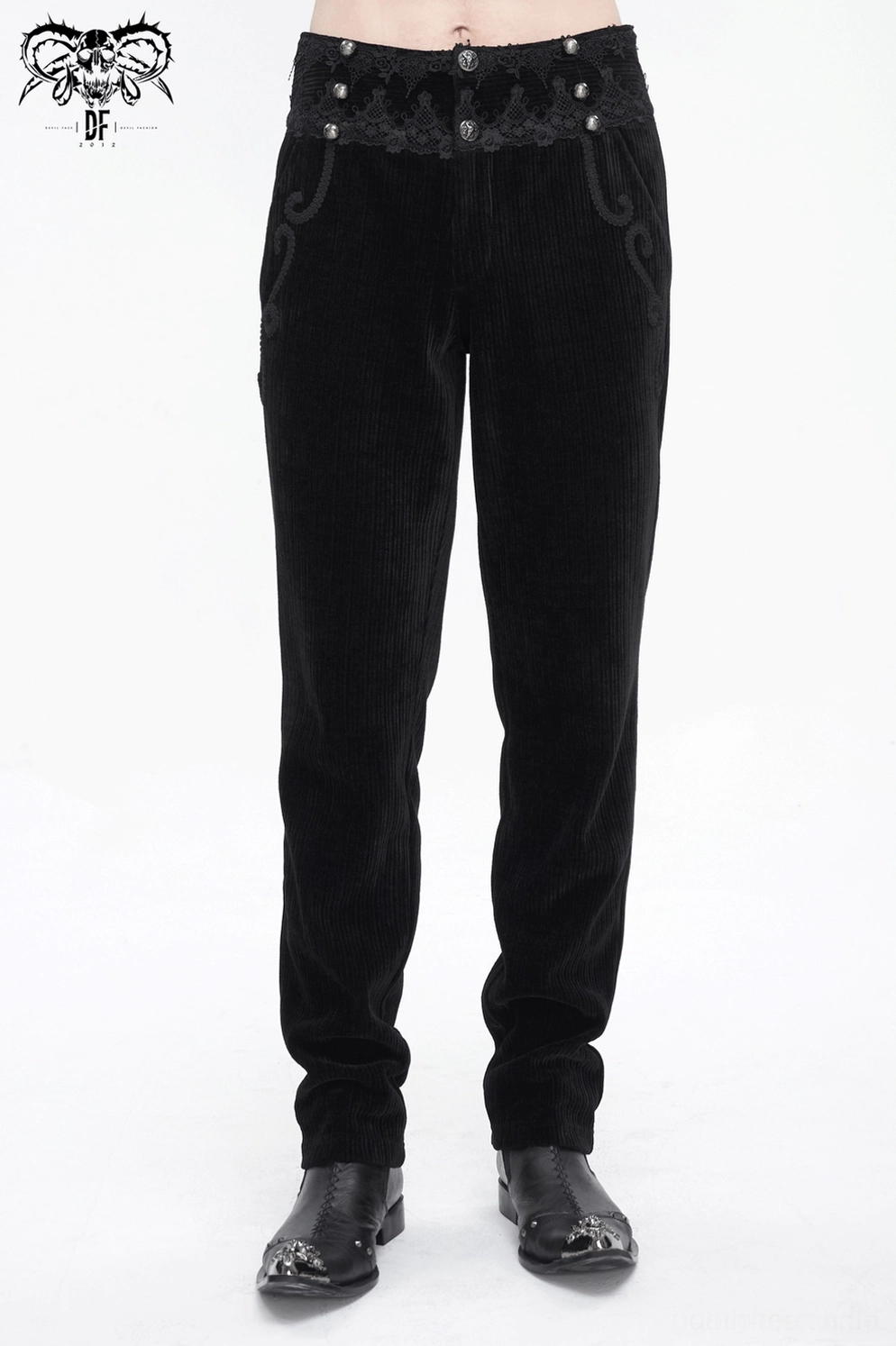 Schwarze Corduroyhose im Alternative-Fashion-Stil mit aufwendiger Spitzentaille, ornamentalen Elementen und modernem Gothic-Ästhetik für Alternative-Subkultur