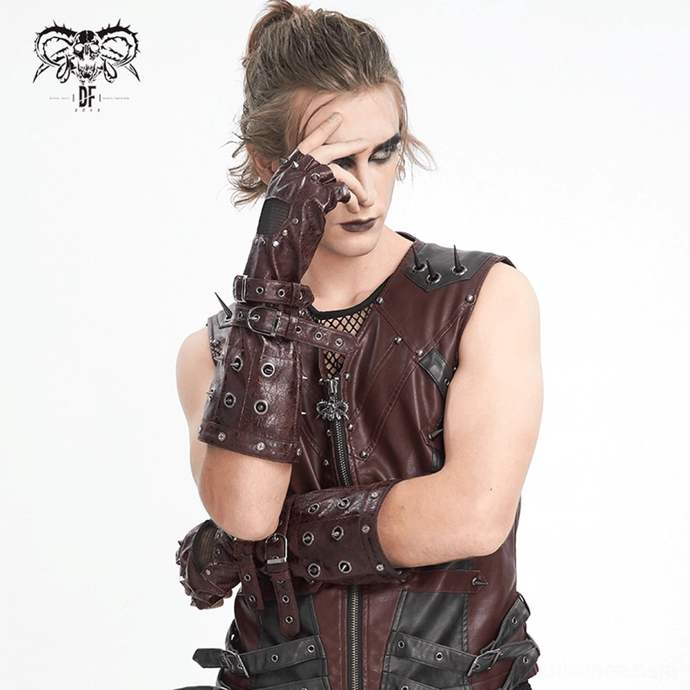 Alternative mode gothic gauntlet-handschuhe produkt-aufnahme mit mesh-handflächen-paneelen, metallbeschläge und burgundy-braun kunstleder-material