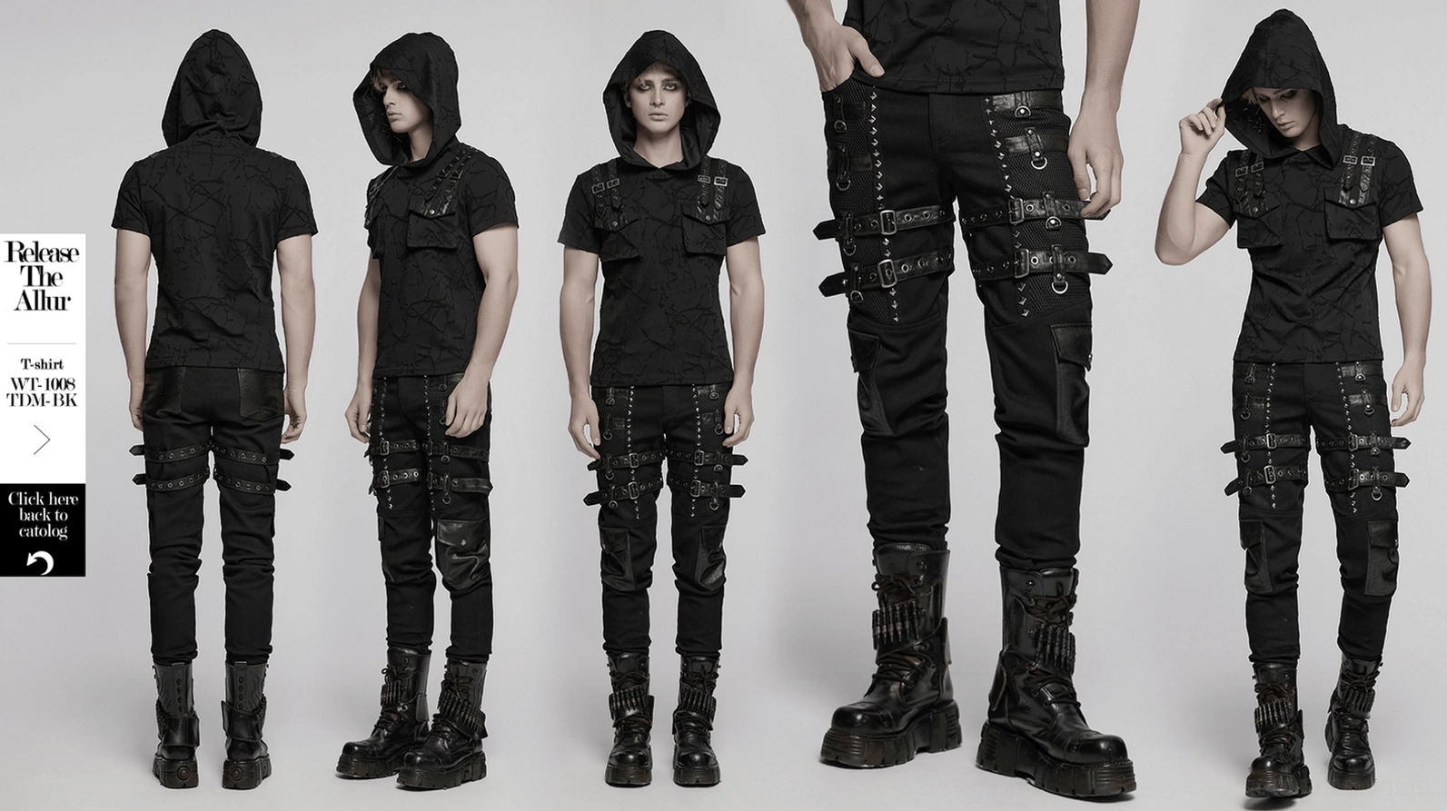 Alternative fashion gothic slim-fit hose pyramidennieten details verstellbare riemen cargotasche platzierung design showcase