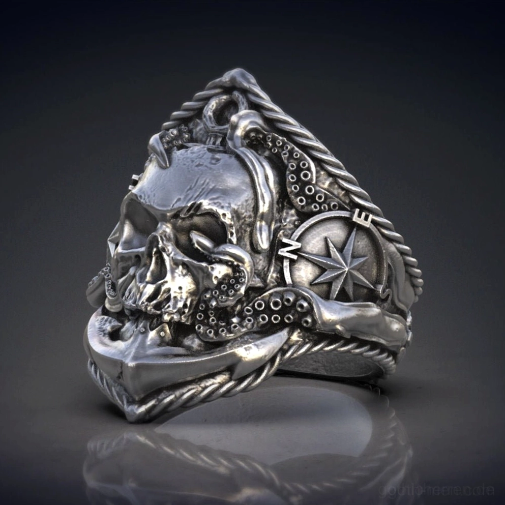 Alternative Gothic Schädel Anker Kompass Ring in antikem silberfinish mit seil-bordüre und tentakel-details herrenring