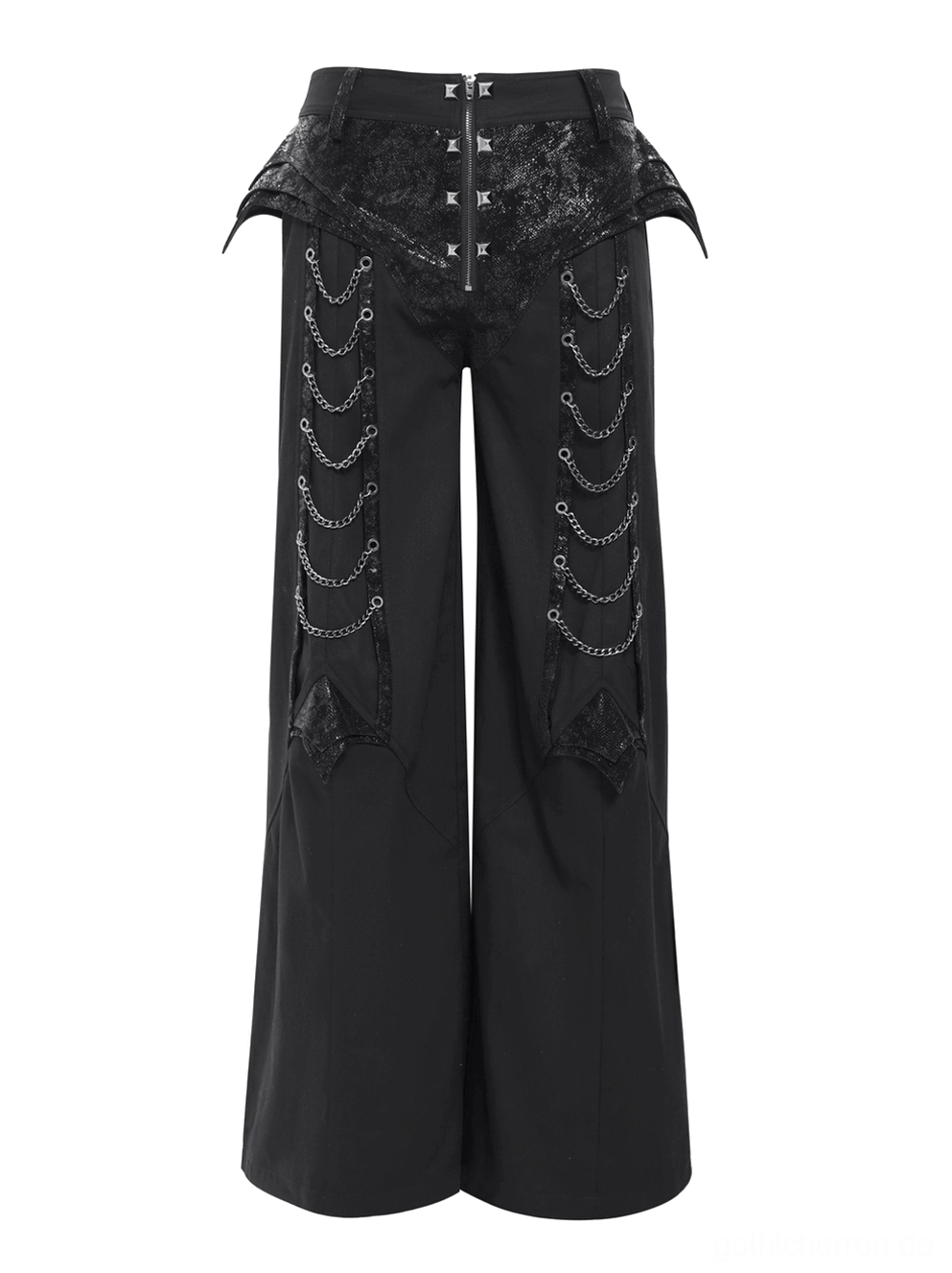 Alternative Mode schwarze Gothic Schlaghose mit Kettendekorationen und strukturierter Taille - Flachaufnahme Seitenprofil