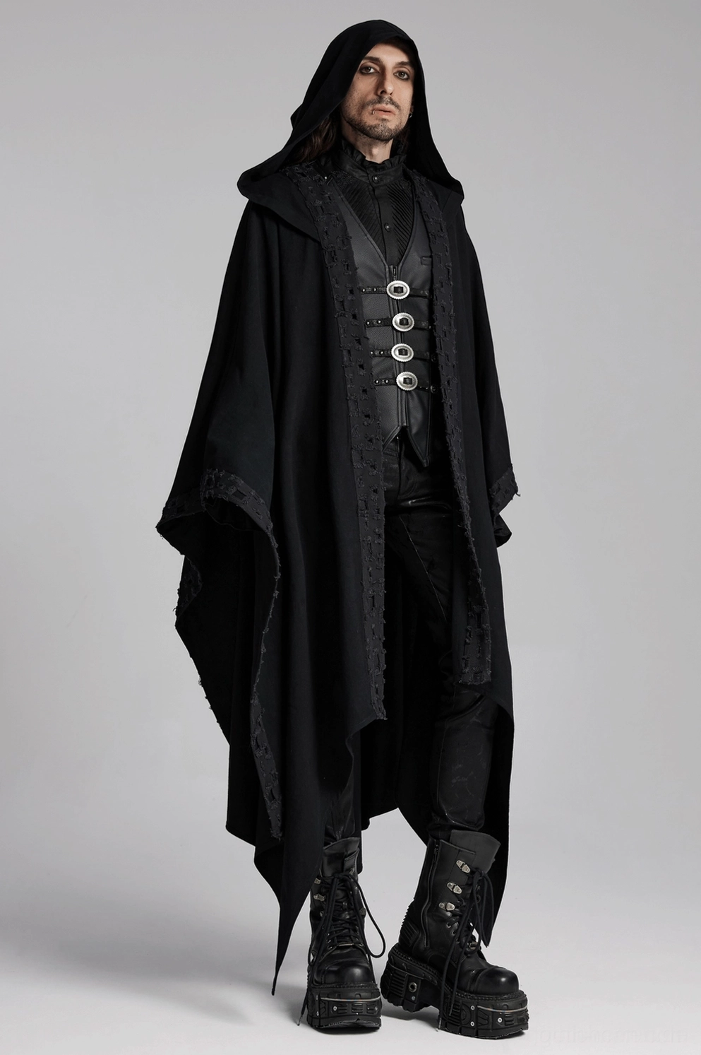 Alternative Mode - Schwarze Gothic Herren-Anzugweste mit Metallverschlüssen und strukturierter Kunstledertextur
