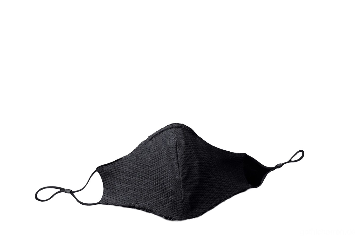 Alternative schwarze Gothic-Maske mit minimalistische strukturierte Mesh-Design, matter schwarzer Oberfläche ohne zusätzliche Ornamentik und verstellbarer Ohrschlaufen-Befestigung