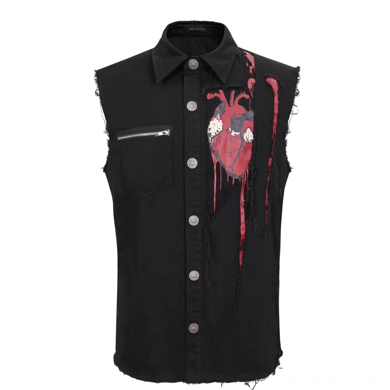 Anatomisches Herz-bedrucktes gotisches zerrissenes Muskelshirt Flat-Lay-Vorderansicht auf weißem Studio-Hintergrund zeigt alle Design-Elemente