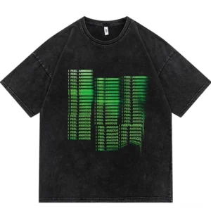 Schwarzes Anxiety Motion Print Gothic T-Shirt Vorderansicht mit Neongrün-Gradienten-Textdesign auf 100% Baumwolle