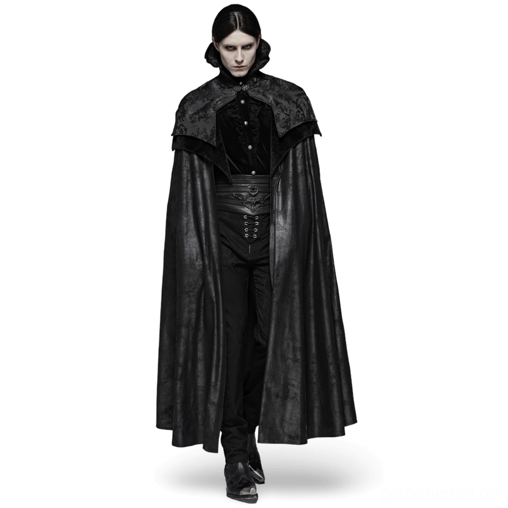 Aristokratischer schwarzer Gothic Mantel mit strukturiertem Jacquard-Capelet an den Schultern, Frontansicht auf männlichem Model, dramatische bodenlange Silhouette