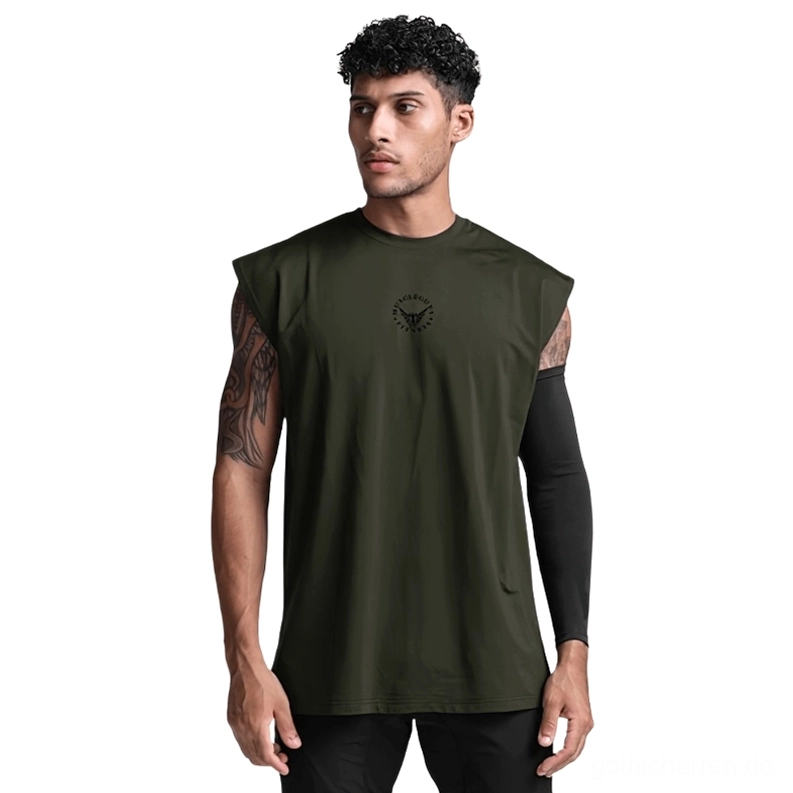 Armee Grün Gothic Mesh Tanktop Herren ärmellos mit Brustdruck auf Modell, Dark Aesthetic Muskelshirt