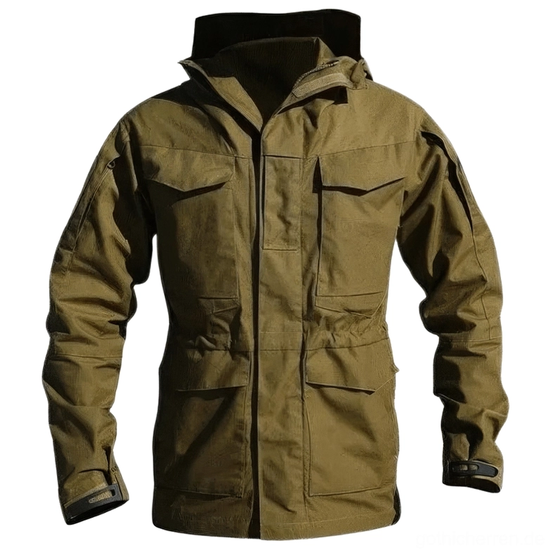Armee-grüne taktische Gothic Jacke Vorderansicht mit verstärkten Utilitytaschen und robustem Segeltuch-ähnlichem Stoff für alternativen Style