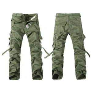 Armeefeige taktische Cargohose Vorder- und Rückseite Flachaufnahme demonstriert strategische Taschenteilung verstellbare Schienenbein-Riemen und Gürtelschlaufen für Gothic-Herren