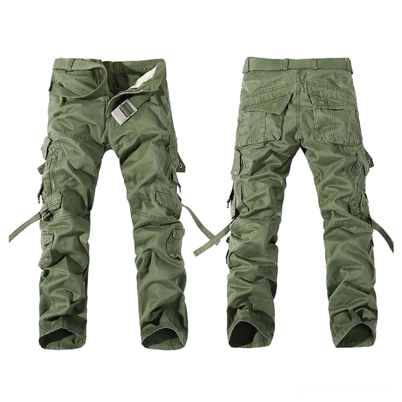 Armeefeige taktische Cargohose Vorder- und Rückseite Flachaufnahme demonstriert strategische Taschenteilung verstellbare Schienenbein-Riemen und Gürtelschlaufen für Gothic-Herren