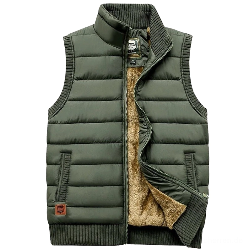 Armeegrüne Herren Gothic Fleece Weste mit Stehkragen und Pattentaschen, Vorderansicht flach gelegt, hochwertige Baumwoll-Polyester-Fleecefütterung