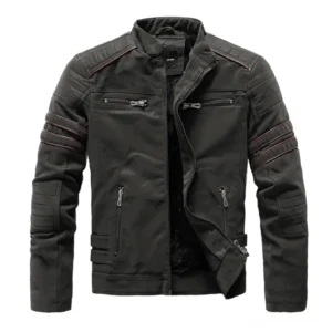 Armeegruene gotische Stand-Collar PU-Leder-Bikerjacke mit gesteppten Aermeln und Fleece-Futter, Gothic-Moto-Stil Vorderansicht
