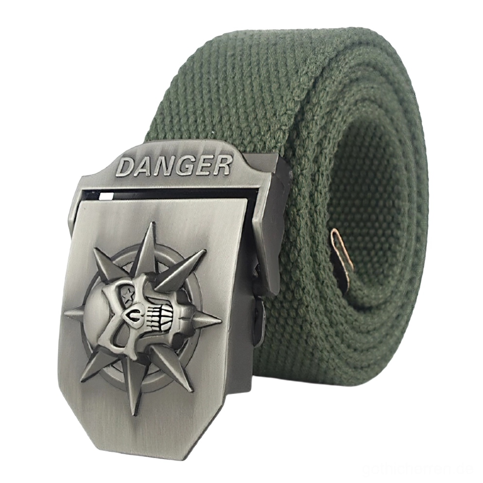 Armeegrün Canvas Gothic Gürtel mit nietzengespickter Totenkopf DANGER-Schnalle, militärisch inspirierte Ästhetik