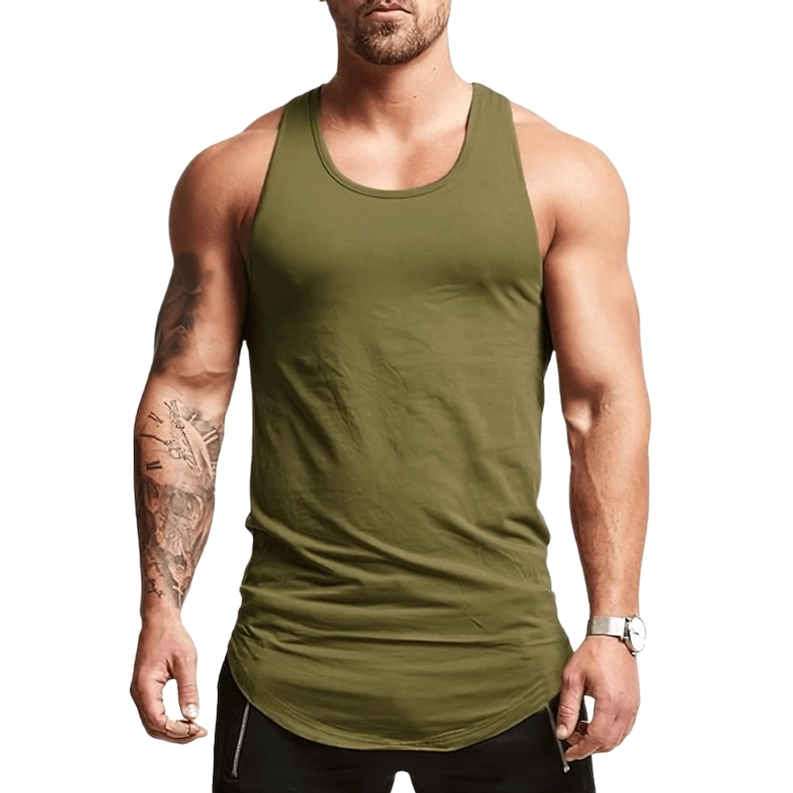 Army Grün Gothic Herren Tank Top ärmellos, Vorderansicht mit industriellem Dark-Fashion-Schnitt, athletisches Bodybuilding-Vest