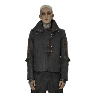 Asymmetrische verwitterte Gothic Lederjacke Vorderansicht auf männlichem Model mit Hochkragen und braunen Akzentärmel-Paneelen – Industrial Urban Stil