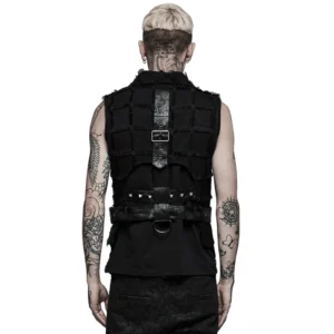 Asymmetrische Gothic-Weste mit Rückenausschnitt-Design, Leder-Harness-Riemen und D-Ring-Schnallen, Rückenansicht auf tätowiertem Modell
