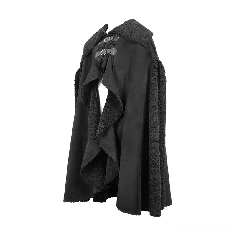 Dreiviertel-Seitenansicht des asymmetrischen Gothic Mantels mit gerüschter Vorderseite und samartiger Oberfläche, zeigt die luxuriöse Polyester-Textur