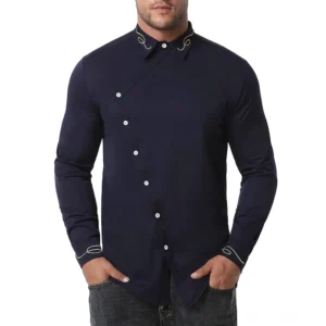 Asymmetrisches Gothic-Hemd Marineblau mit gold gesticktem Kragen und Manschettenverzierung – Frontansicht Herren Langarmhemd