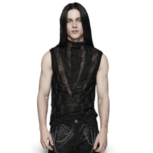 Asymmetrisches Gothic Mesh Tanktop Herren Vorderansicht mit scharfen Zahnkanten Design und zerrissenen Spinnwebenmustern schwarzes ärmelloses Top