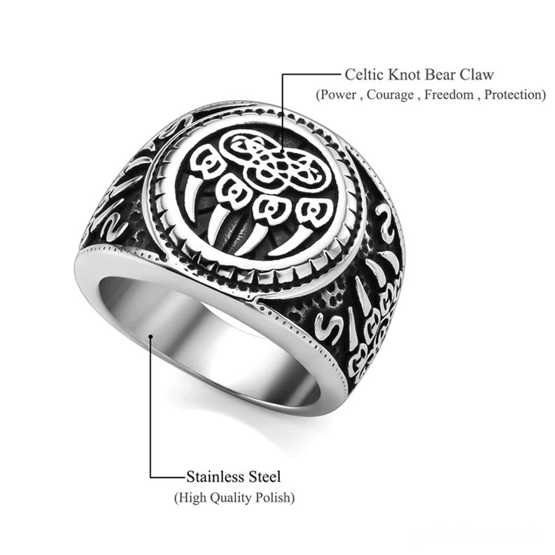 Bärenpfote Keltischer Knoten Gothic Amulett Ring – rechte obere Schrägansicht mit vollständiger Symboldarstellung und kunstvollen Gravuren auf vintage-silbernem Talisman-Ring