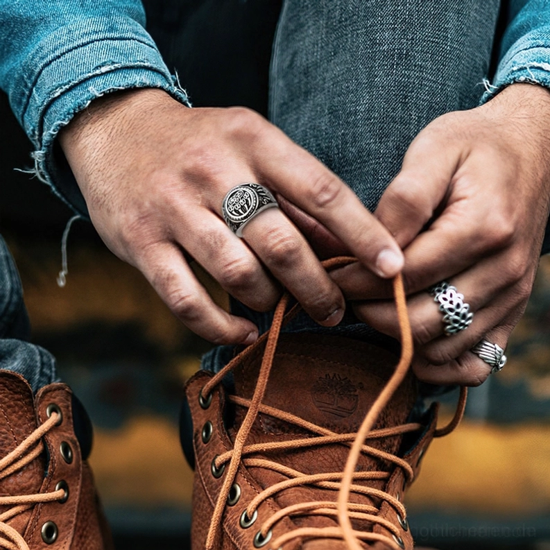 Bärenpfote Keltischer Knoten Gothic Amulett Ring getragen auf Zeigefinger männliches Modell – Lifestyle-Styling mit Denim und Lederstiefeln, alltäglicher Gothic-Look