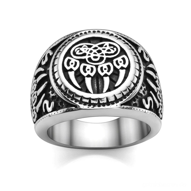 Bärenpfote Keltischer Knoten Gothic Amulett Ring – direkte Draufsicht zeigt polierter Edelstahl mit zirkulär eingravierten Bärensymbol und keltischen Knotenmuster
