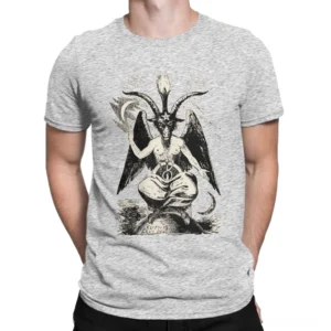 Heather grau Herren-Gothic-Baphomet-Dämon-Druck-Baumwoll-T-Shirt in klassischer Passform mit Vintage-Stich-Stil Druck Vorderansicht
