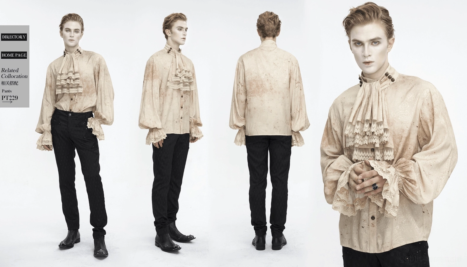 Zusätzliche Schaufensterpuppen-Ansicht des barocken distressed Laternenmännchen Gothic Hemds mit Spitzenkrawatte, zeigt komplettes Produkt-Styling und Silhouette