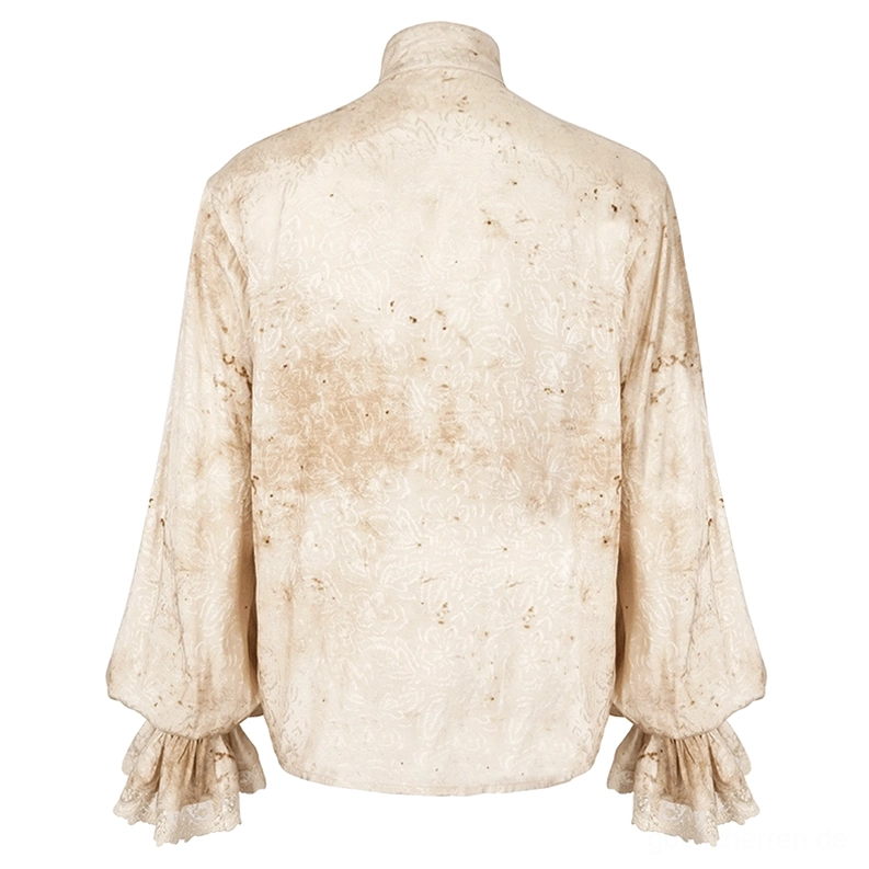 Rückansicht Schaufensterpuppe des distressed Gothic Laternenmännchen Hemds auf Puppe, zeigt Jacquard-Textur und gefleckte Stoff-Patina, elastische Spitzensäume an Manschetten