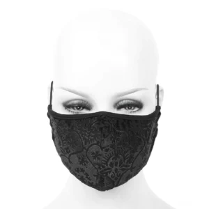 Schwarze barocke Gothic-Maske auf Schaufensterkopf getragen, Frontalansicht close-up mit barockem geprägtem Textilmuster und perfekter Passform