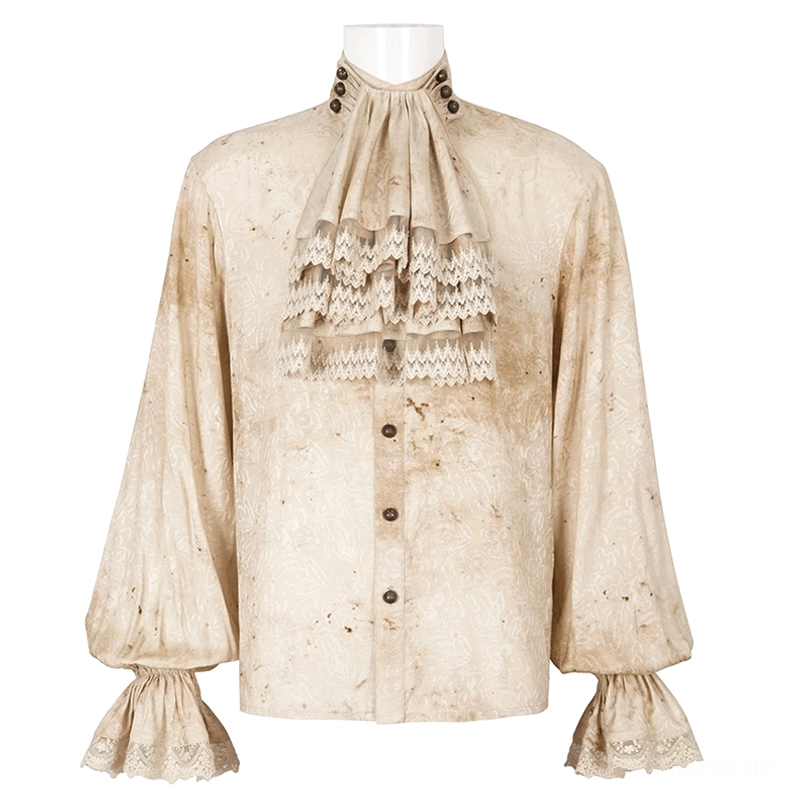 Frontansicht des Gothic distressed Laternenmännchen Hemds auf Schaufensterpuppe mit mehrschichtig gerüschter Spitzenkrawatte und Knopfleiste, beige gealterte Jacquard-Verarbeitung