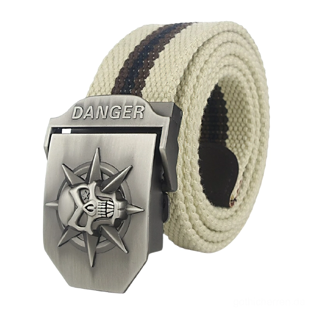 Beige Canvas Gothic Gürtel mit dunkelbraunem Streifen und geprägtem Totenkopf-Schnalle - Vintage Punk Accessoire für Goth Style Mode