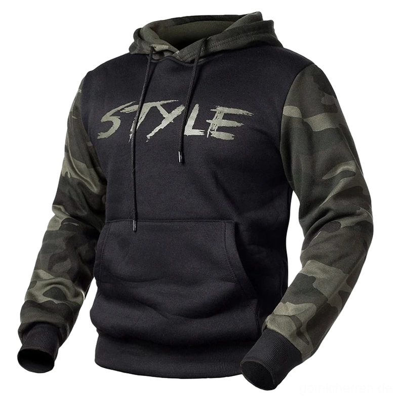 Schwarzer Camouflage-Farbblock Gothic-Hoodie Detail zeigt gerippte Manschetten, Känguru-Tasche und Kapuzenschnur Nahaufnahme