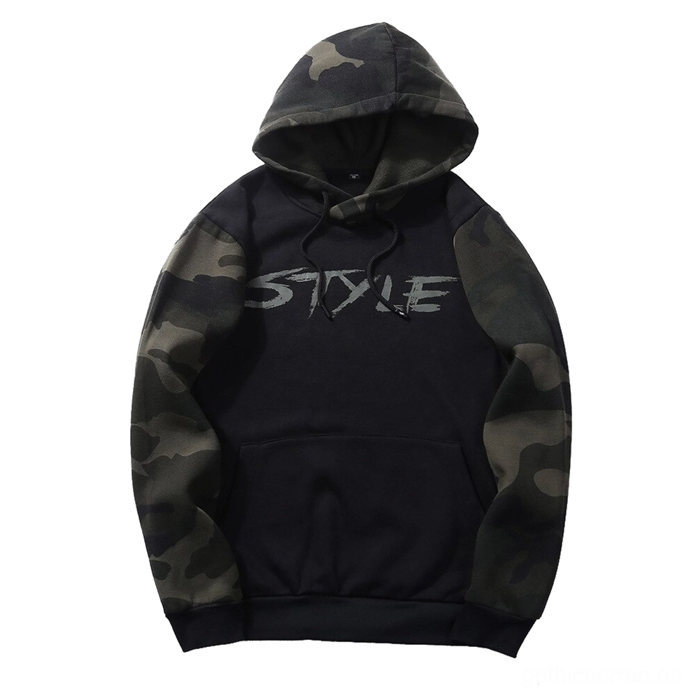 Schwarzer und Camouflage Farbblock Herrenhoodie mit STYLE-Textgrafik-Druck und gerippten Manschetten Flachliege