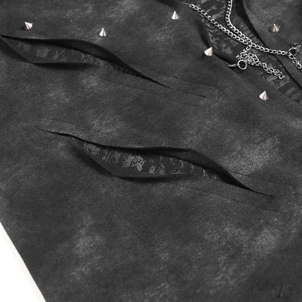 Schwarzes distressed chain gothic langarm-top mit allen designelementen, metallketten, pyramidennieten und mesh-cutout-riemen vollständig sichtbar