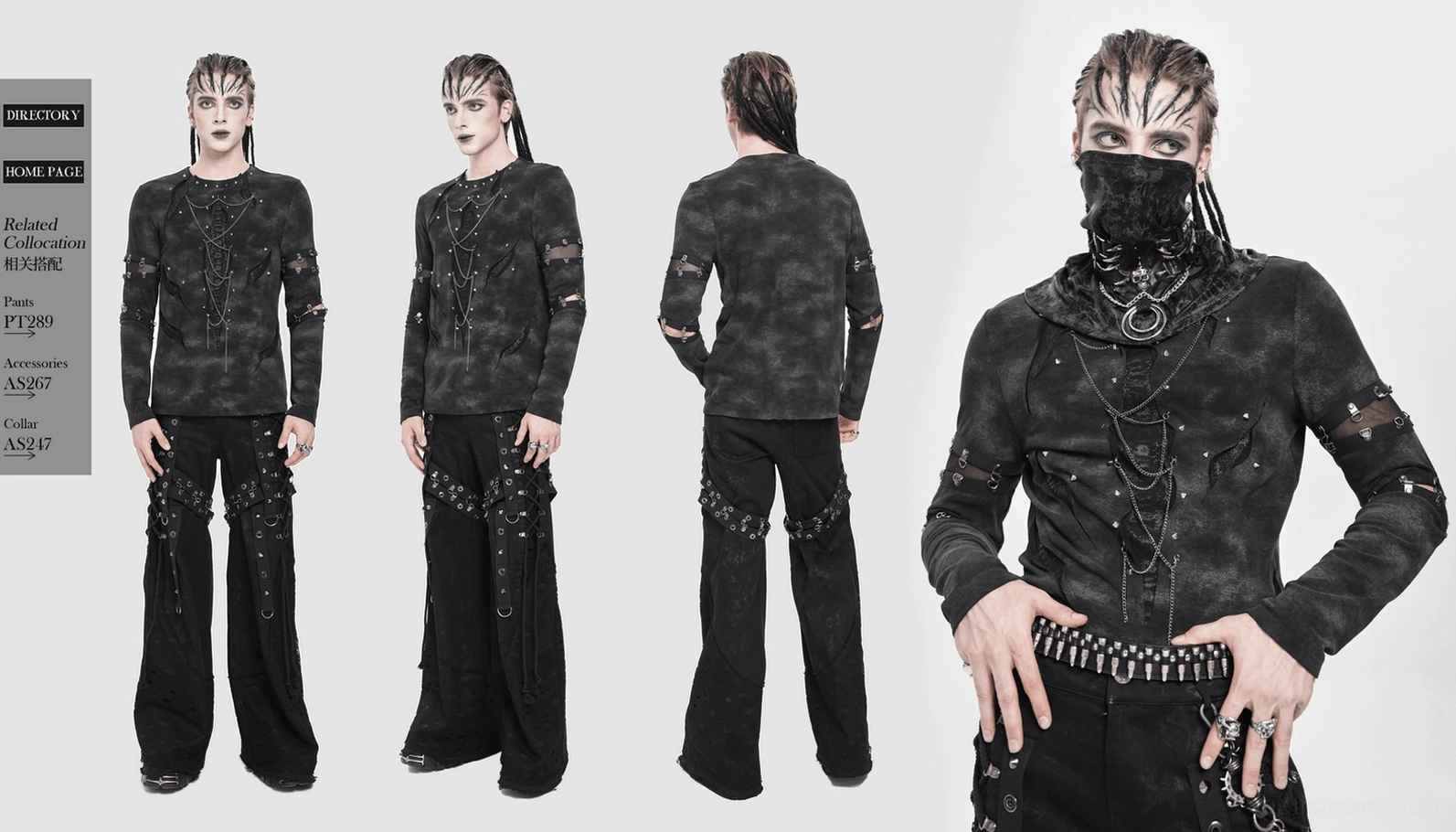 Letzte umfassende ansicht des schwarzen distressed chain gothic tops mit allen designmerkmalen, ketten, nieten und mesh-elementen sichtbar