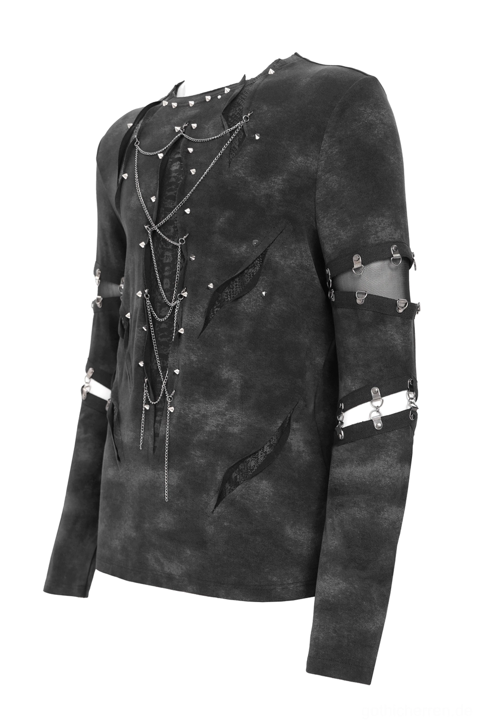 Seitenansicht des schwarzen distressed gothic tops mit kettenfront-verzierung und cutout-riemen-design auf weißem produktfoto-hintergrund