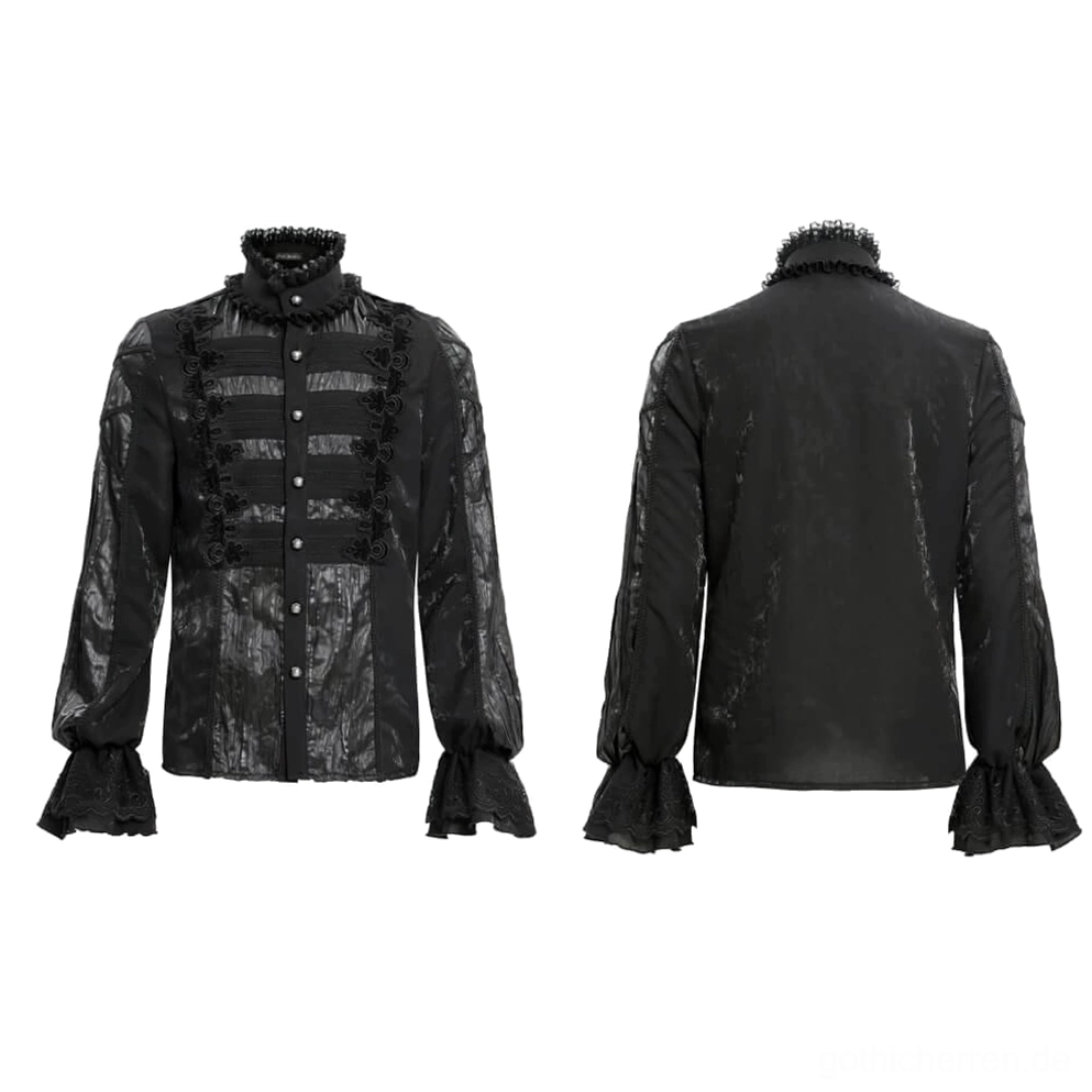 Flache Legung Vorder- und Rückansicht schwarzes Spitzen-Gothic-Hemd mit dekorativem Rüschenkragen und ausgestellten Manschetten
